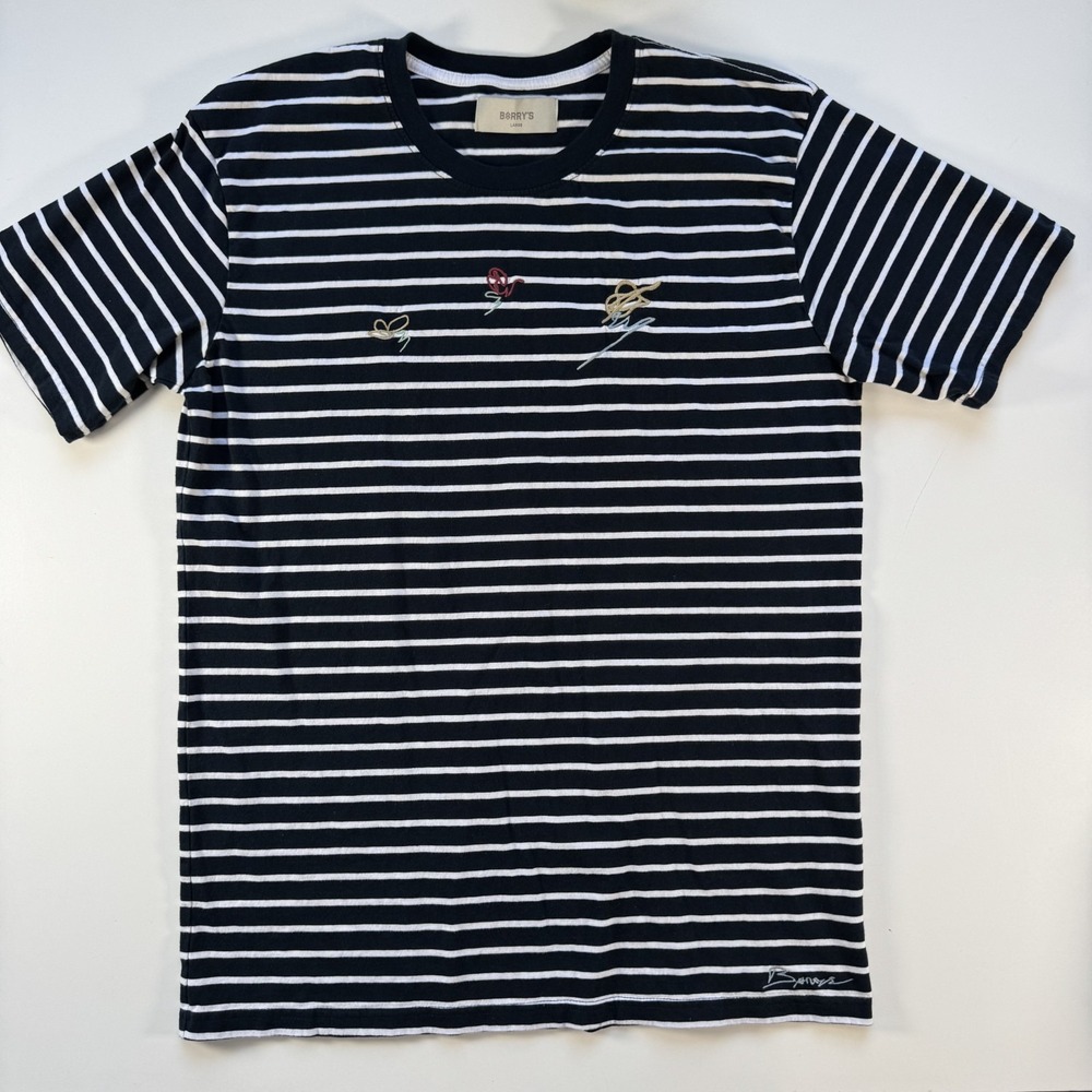 BARRYS BOOTCAMP‎ Crew Neck Tee Shirt Embroidered Stripes Blue White Mens Large